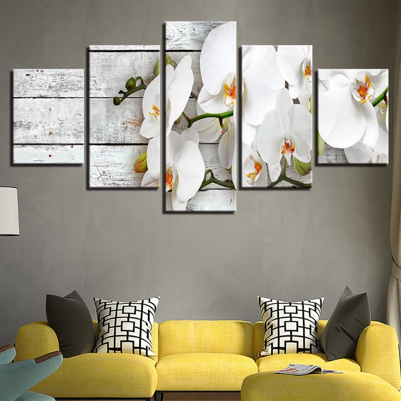 5-teiliges oranges Farbweiss-Blumen - Leinwand Wandkunst Gemälde