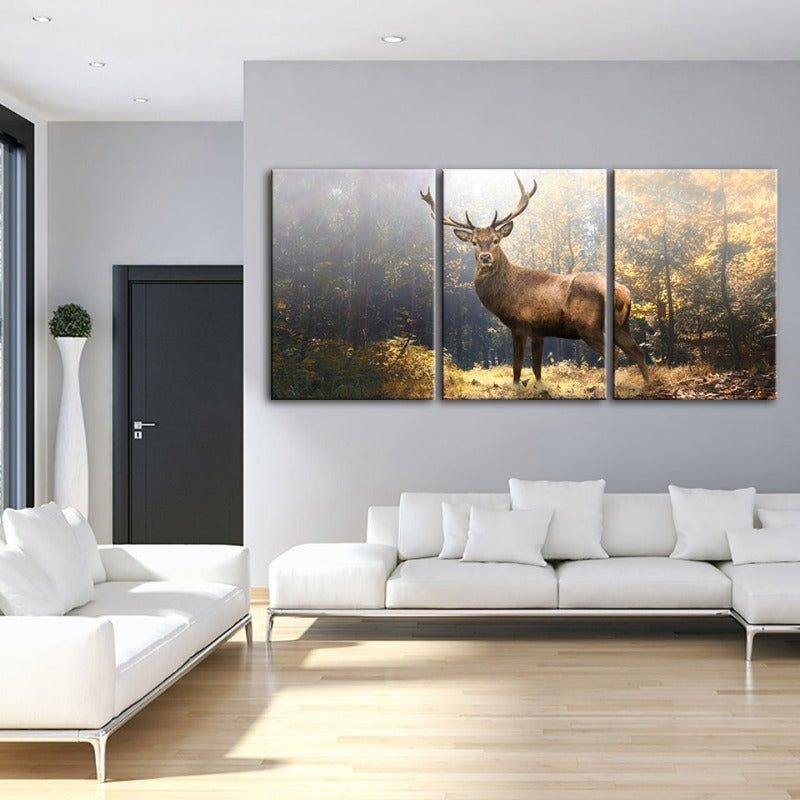 Majestätischer Hirsch im Wald - Canvas Wandkunst Gemälde 3 Teile