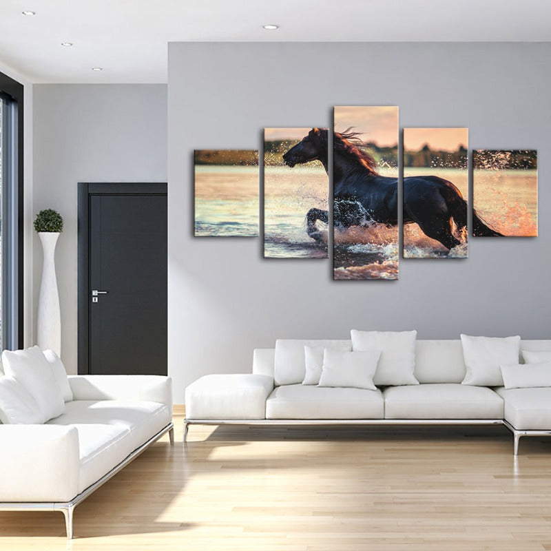 5-teilige laufende Pferde im Wasser - Leinwand Wandkunstgemälde