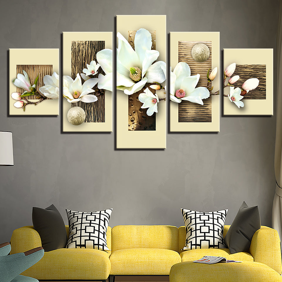 5-teiliges Leinwandbild mit strukturierten, mehrfarbigen Magnolien