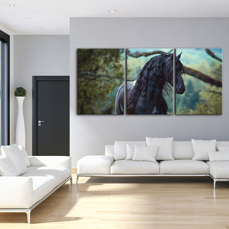 Schwarzes Pferd im Wald - Leinwand Wandkunst Gemälde 3 Teile