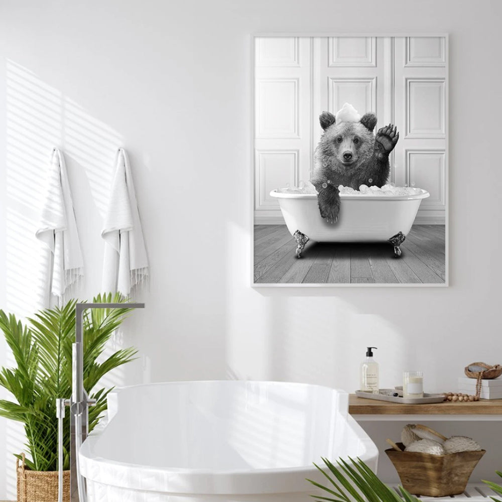 Modernes Elefanten-, Giraffen- und Pinguin-Poster in Schwarz-Weiß auf Leinwand