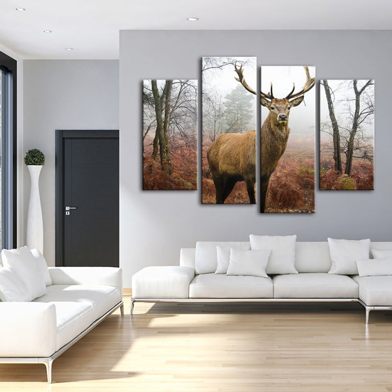 4-teilige neblige Herbst-Reh - Leinwand-Wandkunst Gemälde