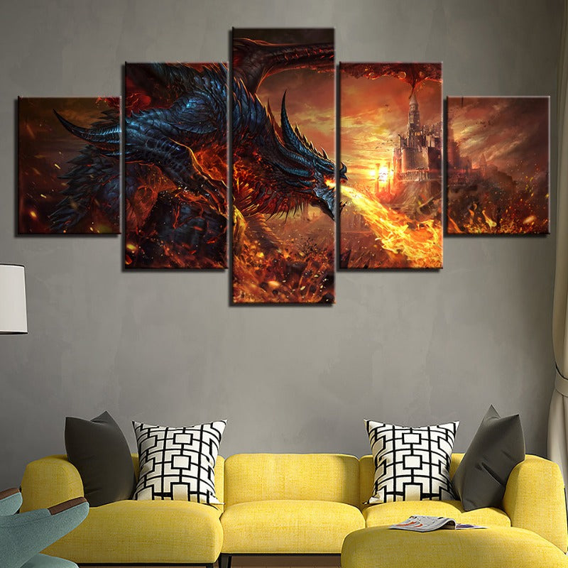 Dragon und Schloss - 5 Teile Leinwand Wandkunst Malerei