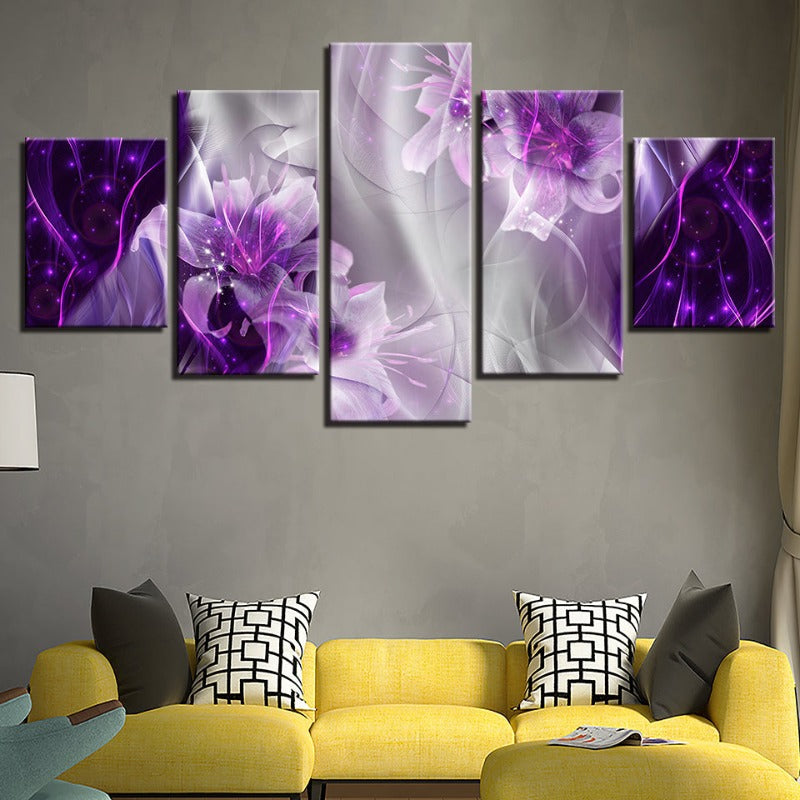 5-Teilig Weiß & Lila Magische Blume - Leinwand Wandkunst Gemälde