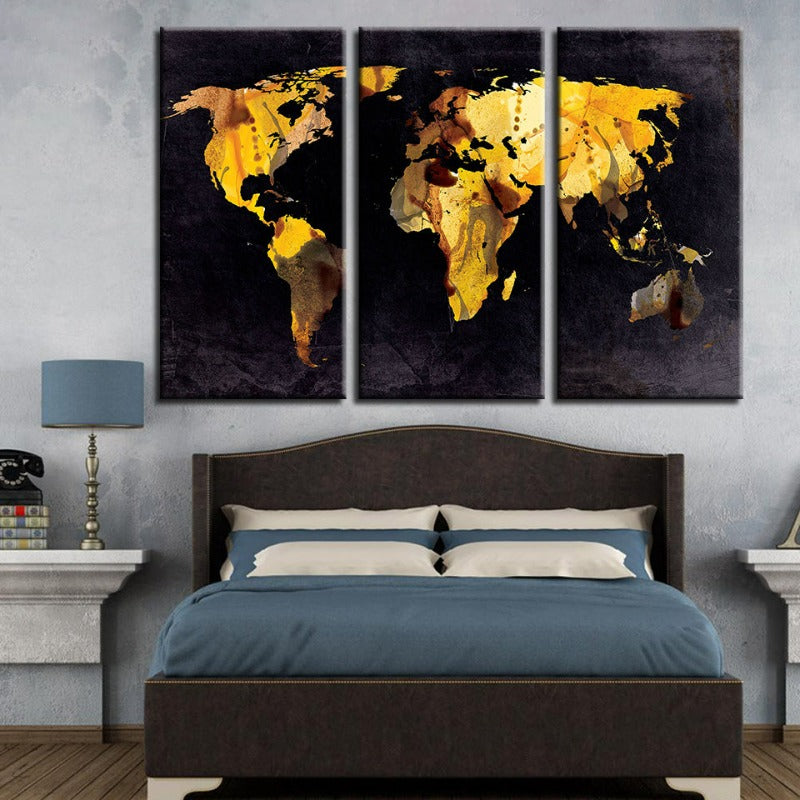 Schöne gelbe Blätter-Weltkarte-Leinwand Wandkunst Malerei 3 Teile