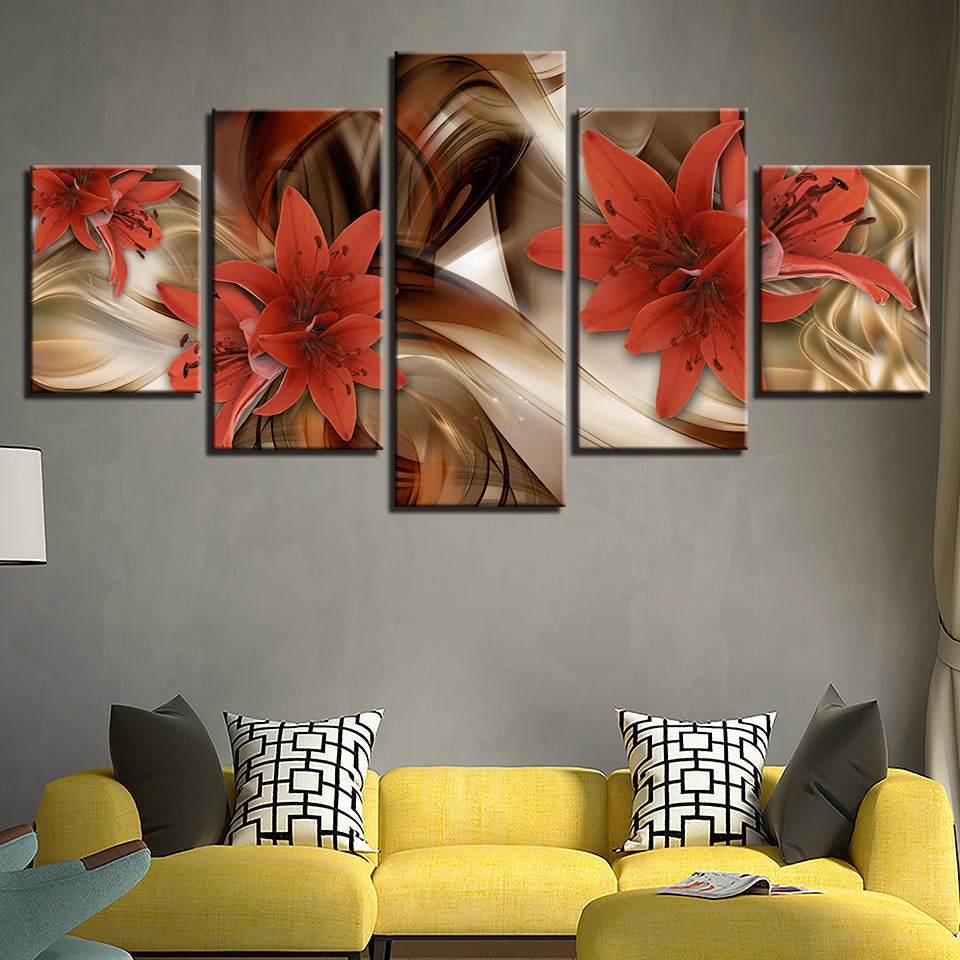 Entgesättigte feuerrote Lilien 5 Teile - Leinwand Wandkunst Gemälde