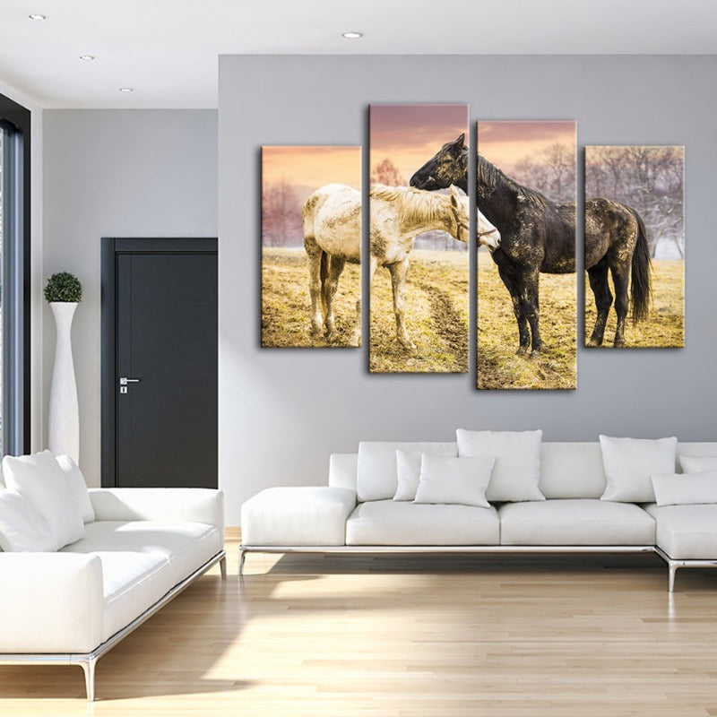 4-teilige Schwarz-Weiß-Pferde - Leinwand Wandkunst Gemälde | Brehn
