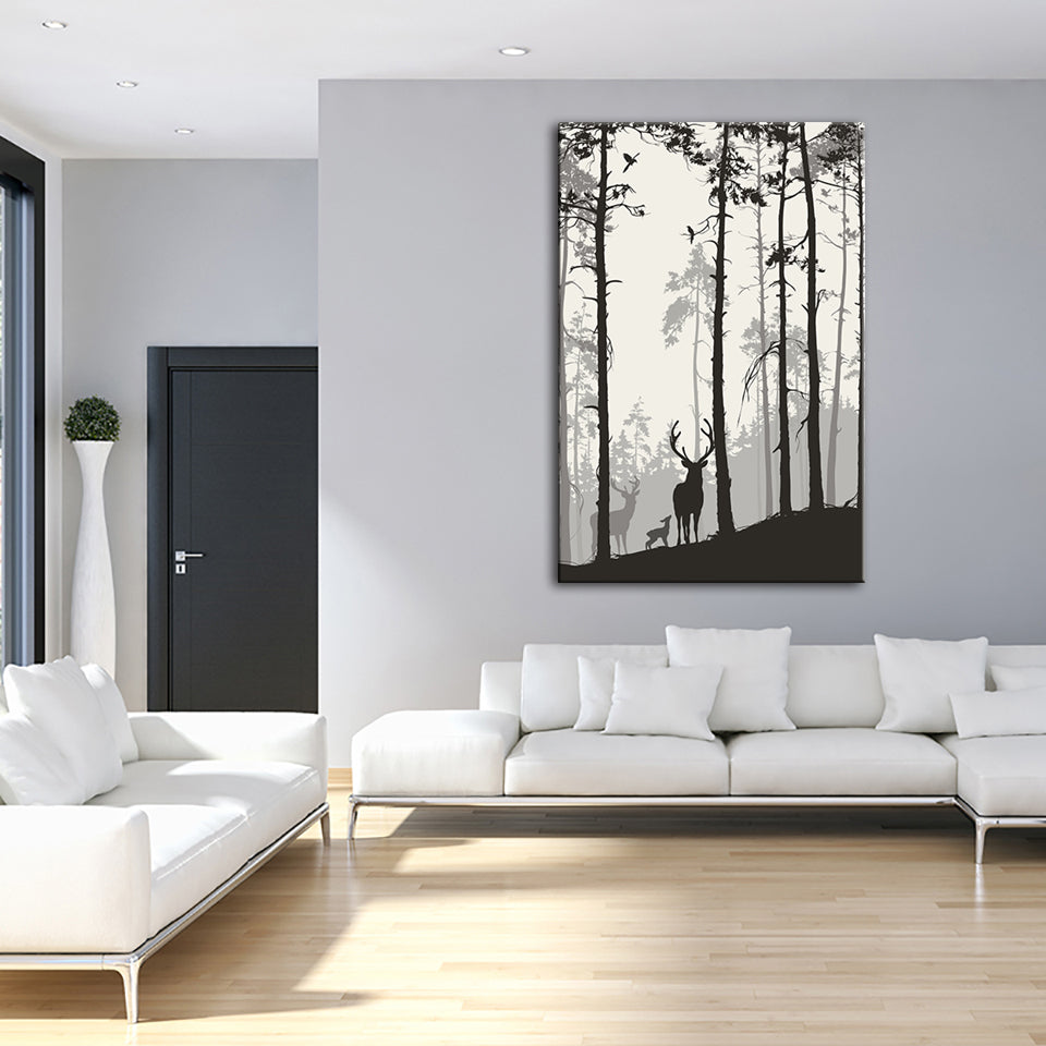 Silhouette einer Hirschfamilie – Leinwandbild
