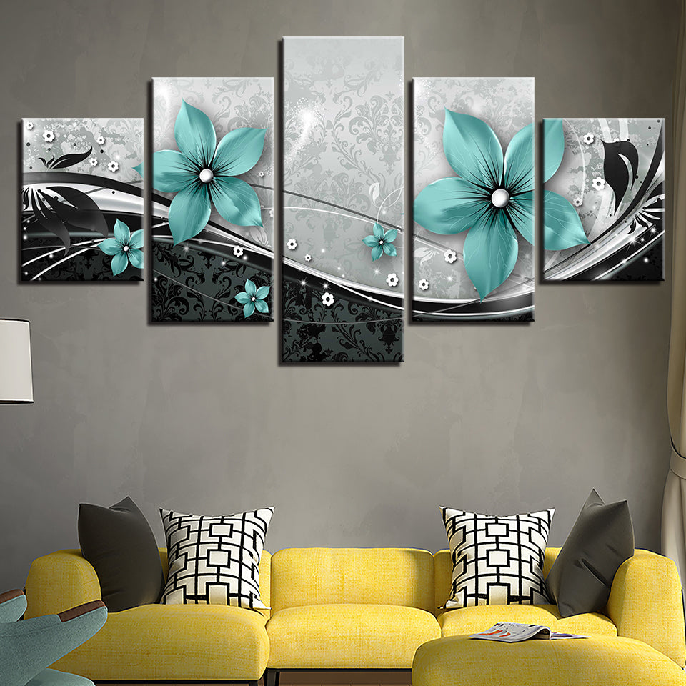 5-teiliges Leinwandbild mit verzierten blauen Blumen