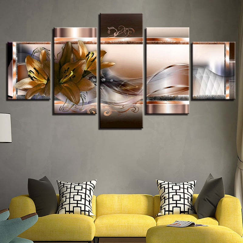 5 Stück Golden Flower - Leinwand Wandkunst Gemälde