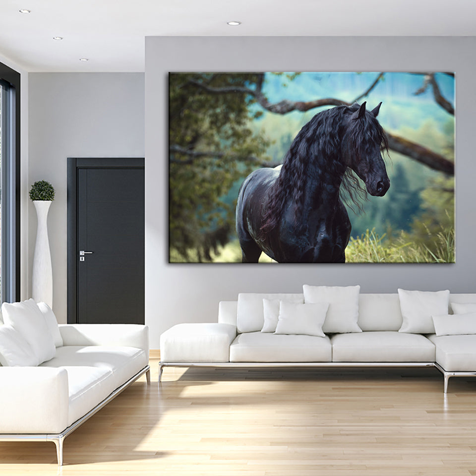 Schwarzes Pferd im Wald - Leinwand Wandkunst Gemälde