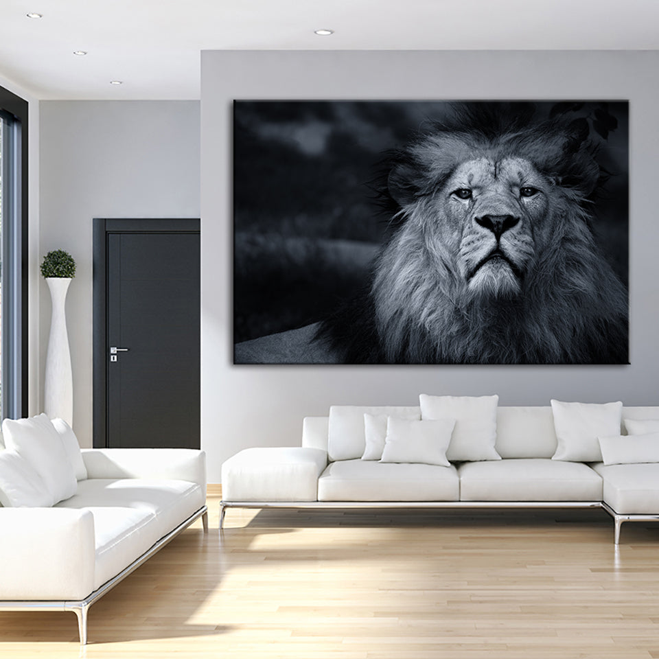 Grayscale Besorgter Löwe - Leinwand Wandkunst Gemälde