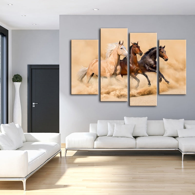 4 Stück Drei laufende Pferde in der Wüste - Leinwand Wandkunst Gemälde