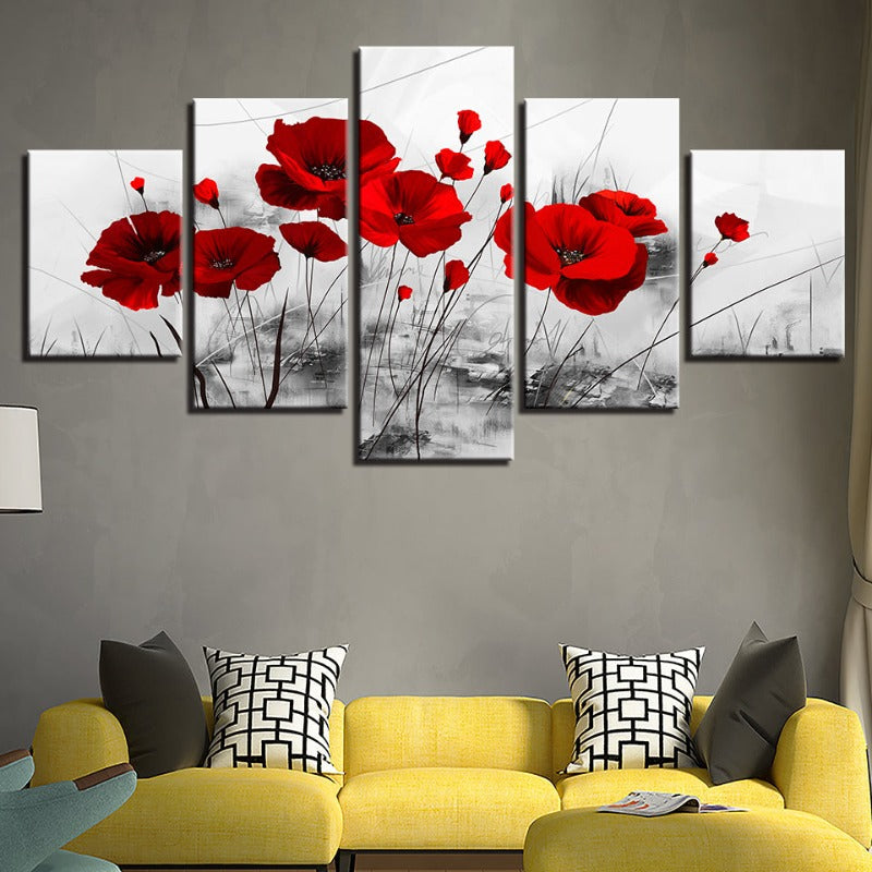 5-teiliges Wandbild mit roter Blume auf weißem Hintergrund - Leinwandkunst