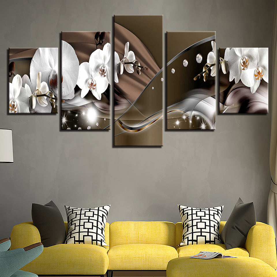 Formale Braune und Weiße Orchideen 5 Teile - Leinwand Wandkunst Malerei