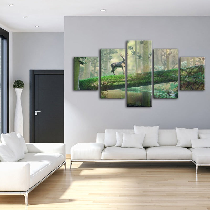 5-teilige verzauberte Wald Hirsch - Leinwand Wandkunst Malerei