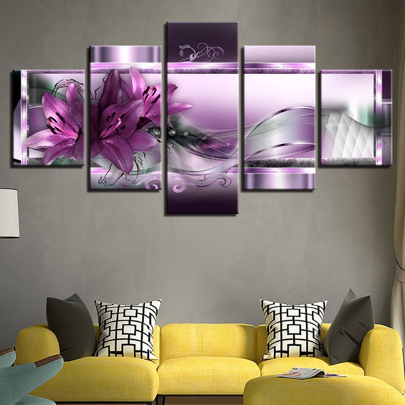 5-teiliges Lila Tulpenblumen - Leinwand Wandkunst Gemälde
