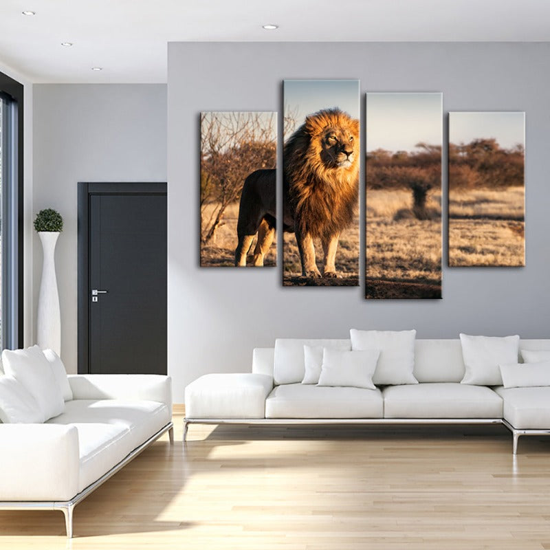 4-teiliger majestätischer Löwe im Sonnenlicht - Leinwand Wandkunst Malerei