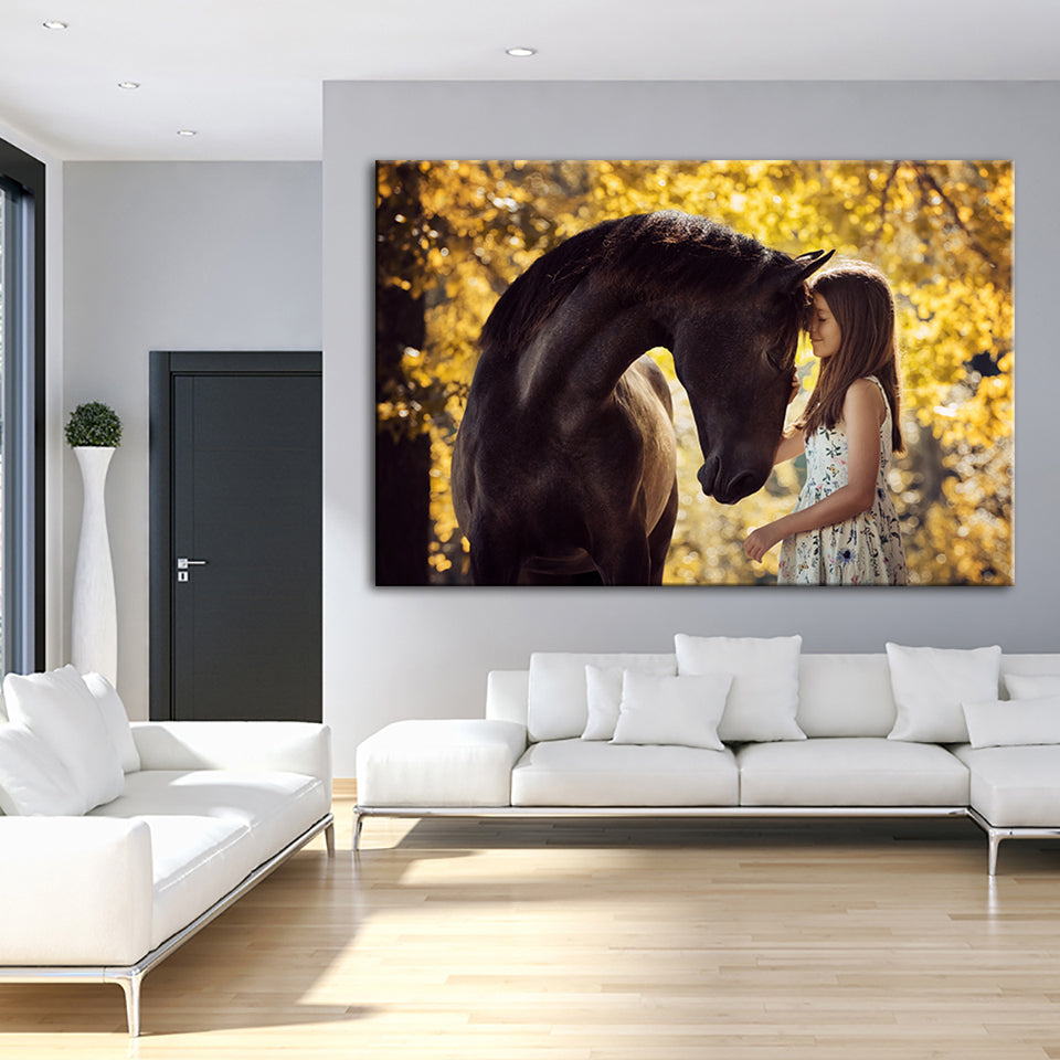 Freundschaft zwischen einem Mädchen und einem Pferd - Leinwand Wandkunst Malerei