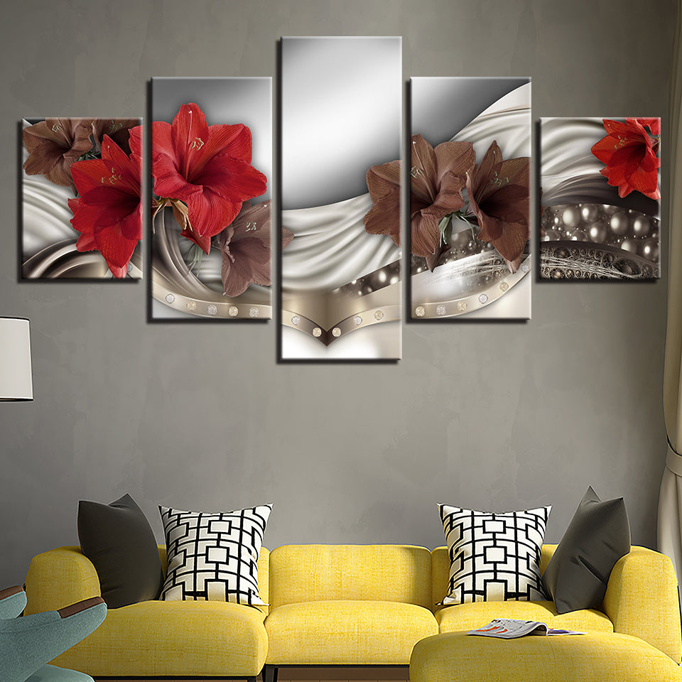 5-teiliges Leinwandbild mit eleganten roten Blumen
