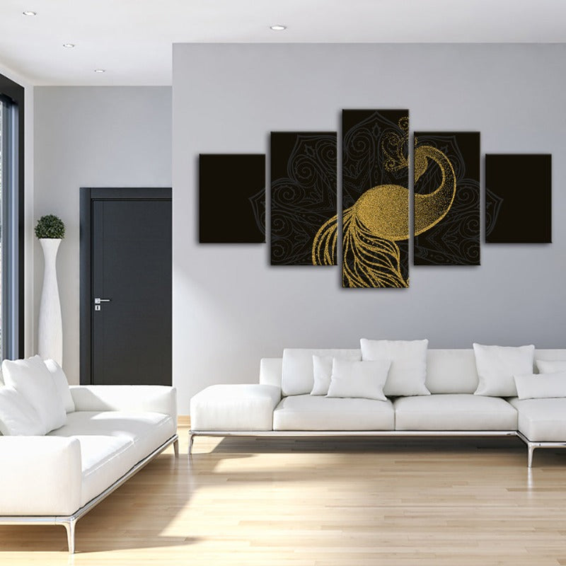 5-teiliges abstraktes goldenes Mandala-Pfau - Leinwand Wandkunst Gemälde