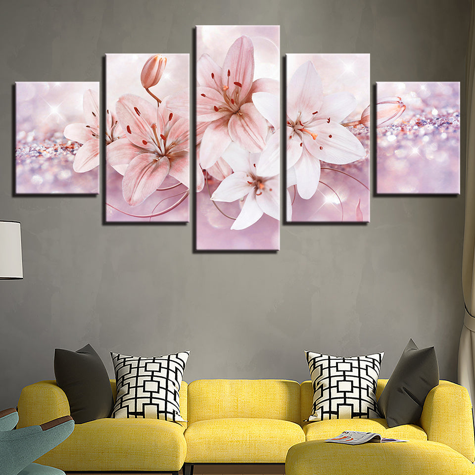 Glitzernde Sanfte Rosa Blumen 5 Stück - Leinwand Wandkunst Malerei