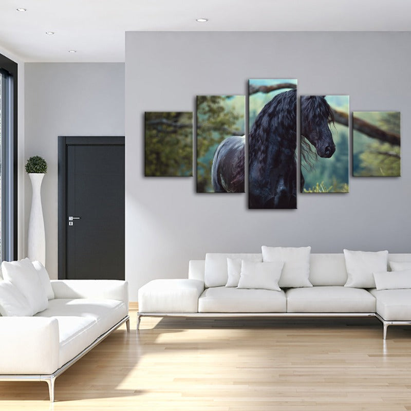 5 Stück Schwarzes Pferd im Wald - Leinwand Wandkunst Gemälde