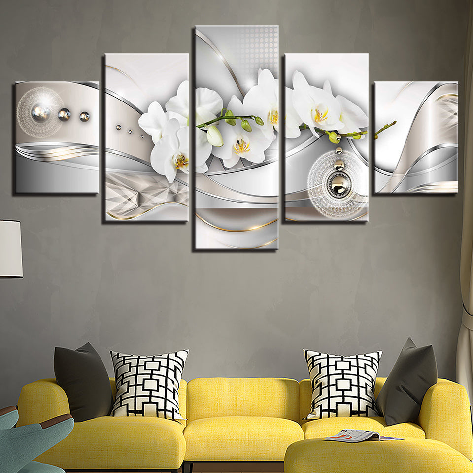 Weiße Orchideen und Metallperlen, 5-teiliges Leinwandbild