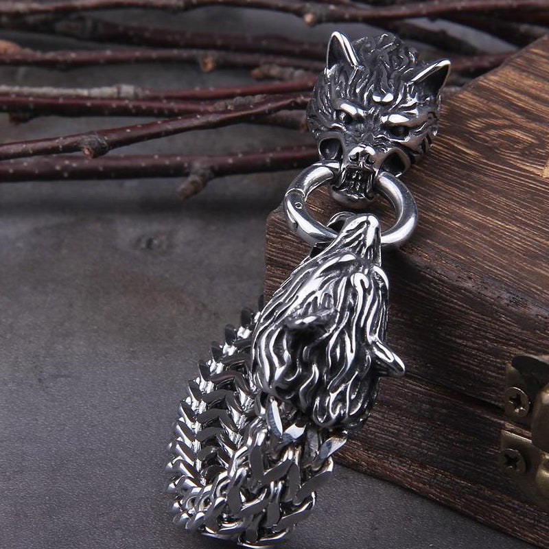 Viking Edelstahl Doppelwolfkopf Fenrir Armband