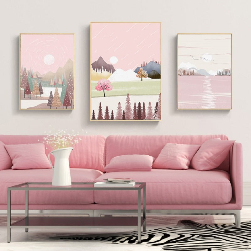 Traumhafte rosa Landschaft - Leinwand Wandkunst Gemälde