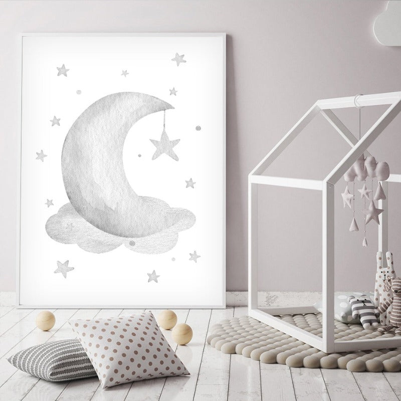 Graue Mond Sterne Wolke Kinderzimmer - Leinwand Wandkunst Malerei