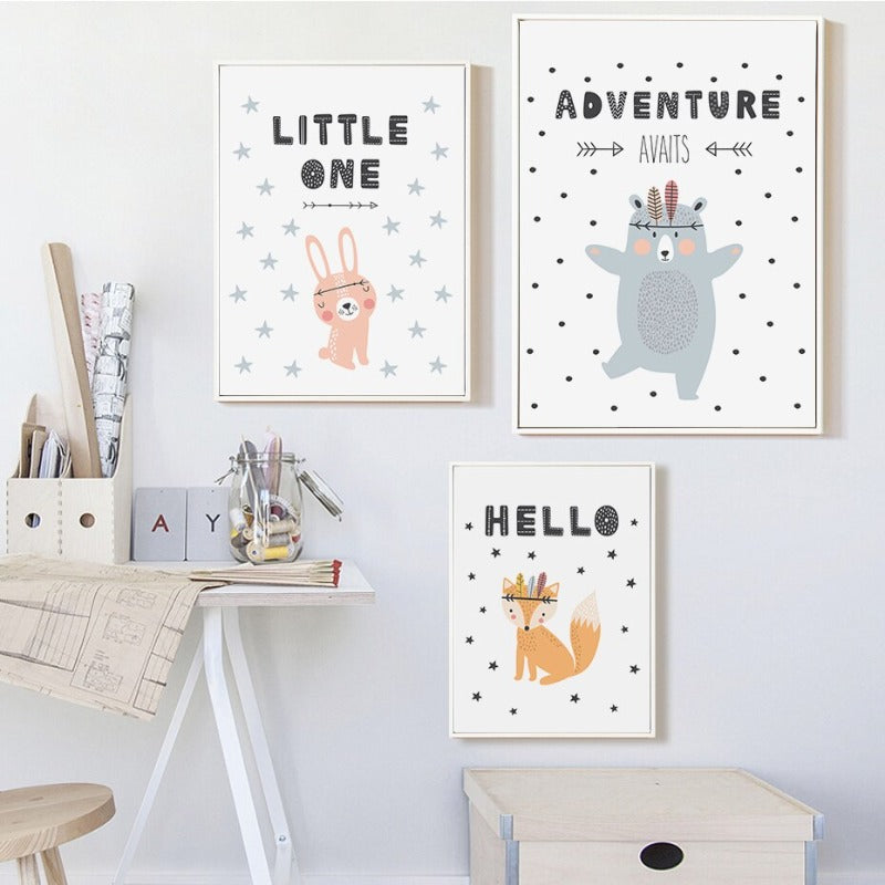Kleine Waldtiere Eule Gox Bär - Leinwand Wandkunst Malerei