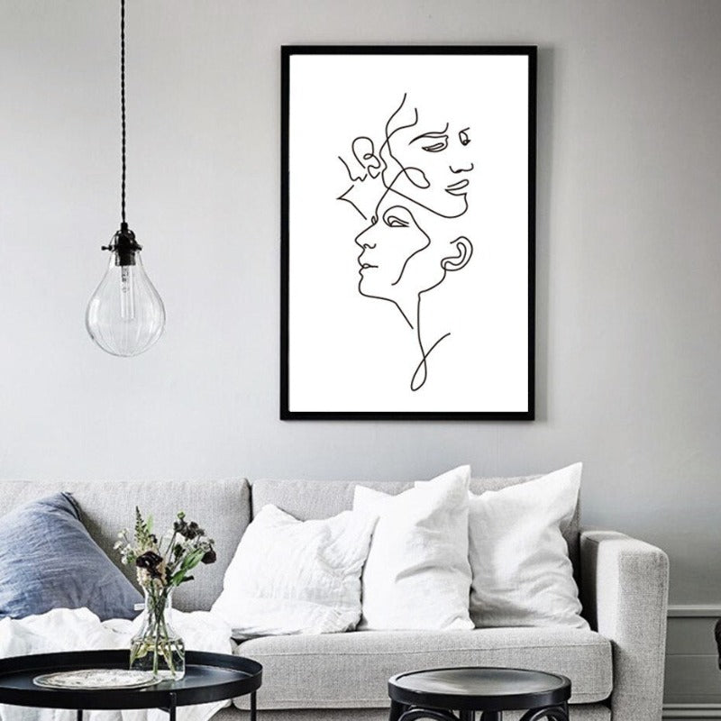 Abstract Love Kiss Schwarz und Weiß Linien Poster - Leinwand Wandkunst Gemälde