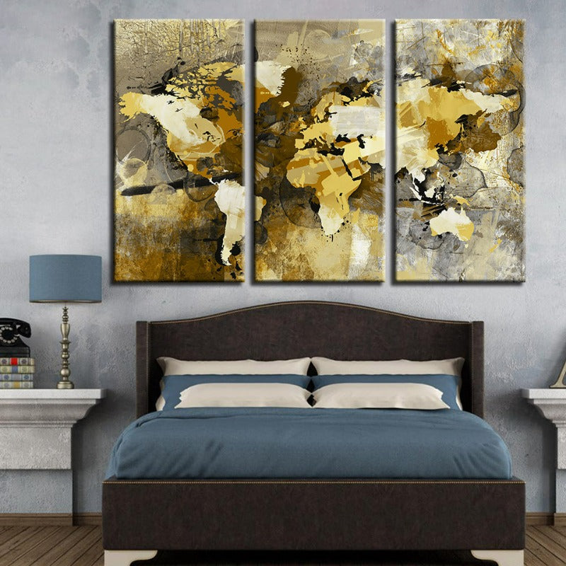 Schönes abstraktes gelb-braunes Weltkarte-Canvas-Wandkunst Gemälde 3 Stücke