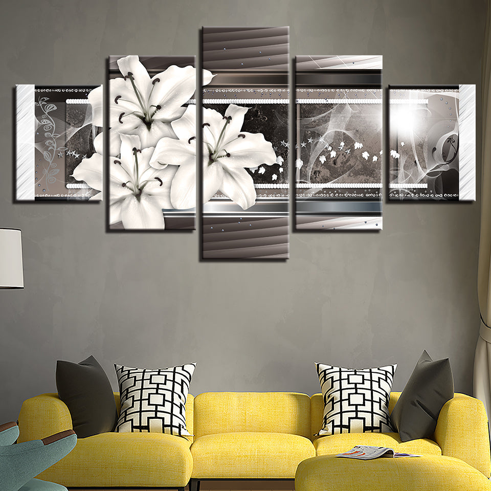 Graustufen Weiße Lilien 5 Stück - Leinwand Wandkunst Gemälde