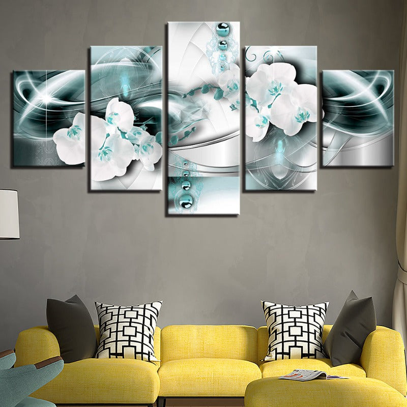 5-teilige meerblaue Hintergrund & Farbweiße Blume - Leinwand Wandkunst Gemälde