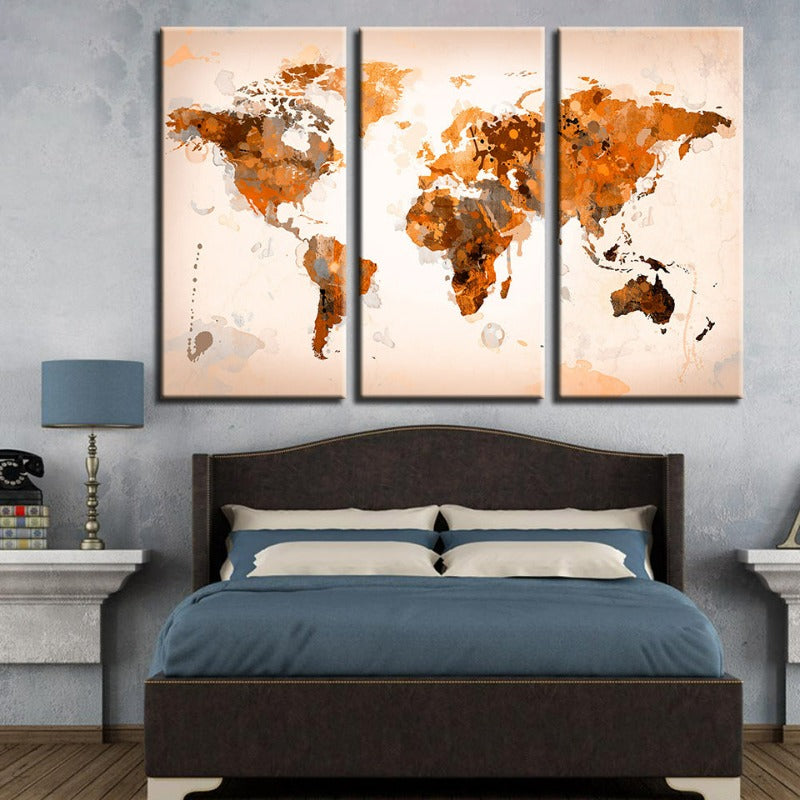 Schöne abstrakte braune Weltkarte-Canvas-Wandkunstbild 3 Teile