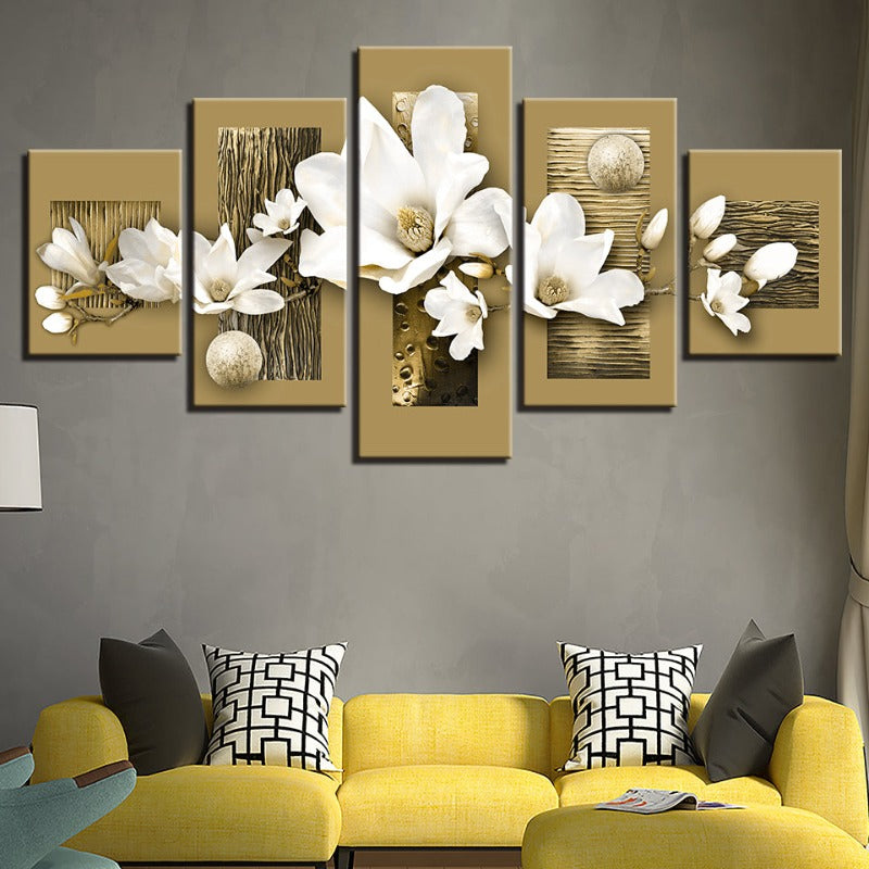 5-teiliges Leinwandbild mit weißem Blumenmuster und Holzhintergrund
