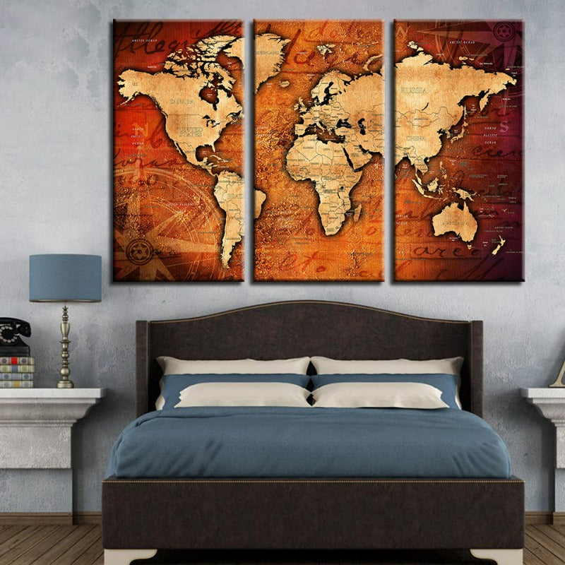 Braun & Rot Rustikale Weltkarte - Leinwand Wandkunst Gemälde 3 Teile