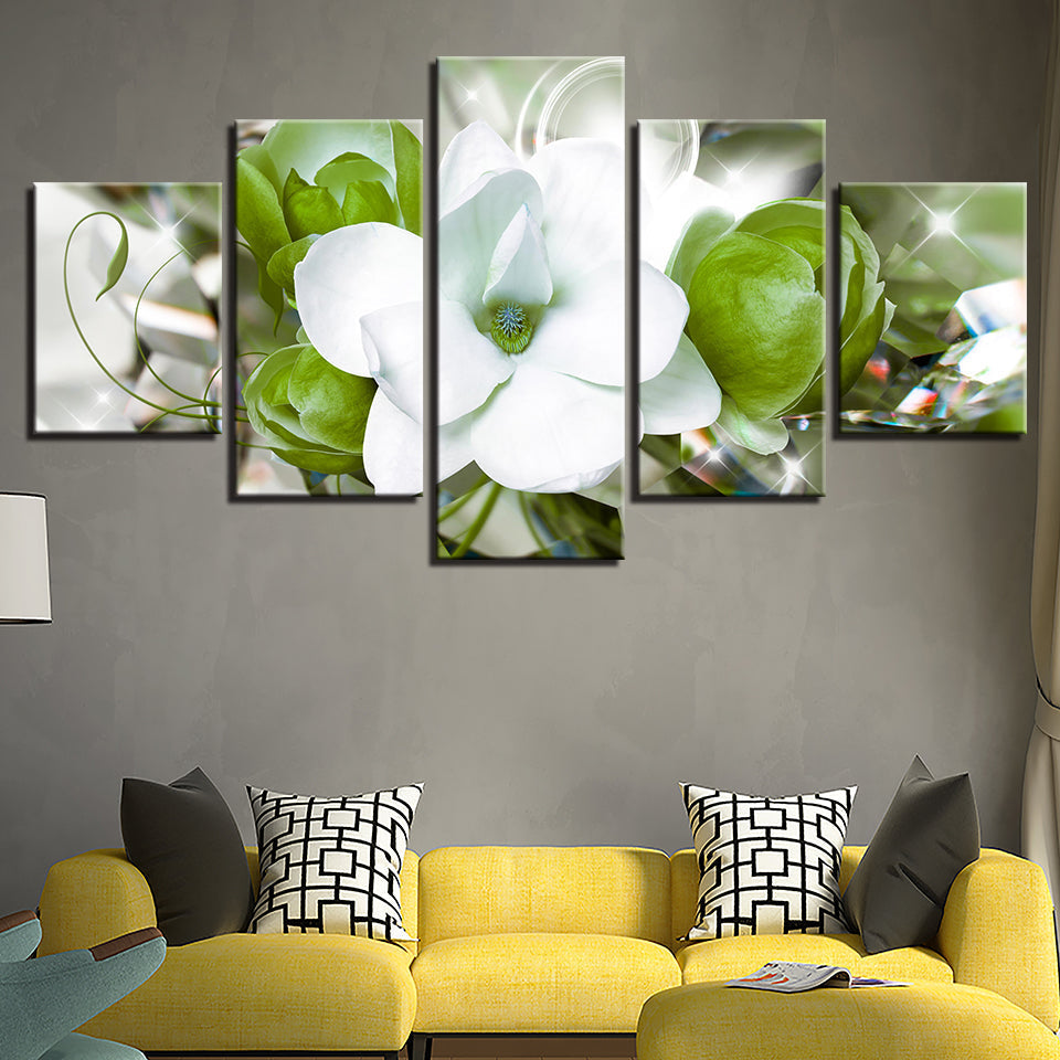 Zarte weiße und grüne Blumen 5-teilig - Canvas Wandkunst Gemälde