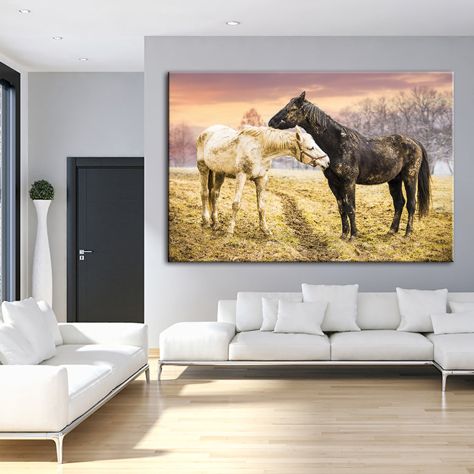 Schwarze & Weiße Pferde - Leinwand Wandkunst Gemälde