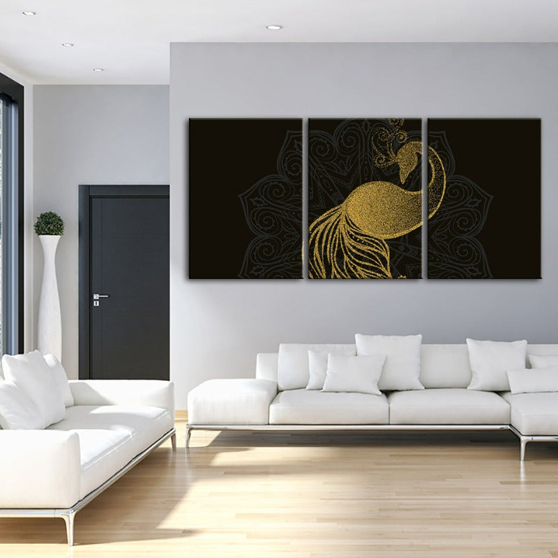 Abstraktes Goldenes Mandala Pfau - Leinwand Wandkunst Gemälde 3 Teile
