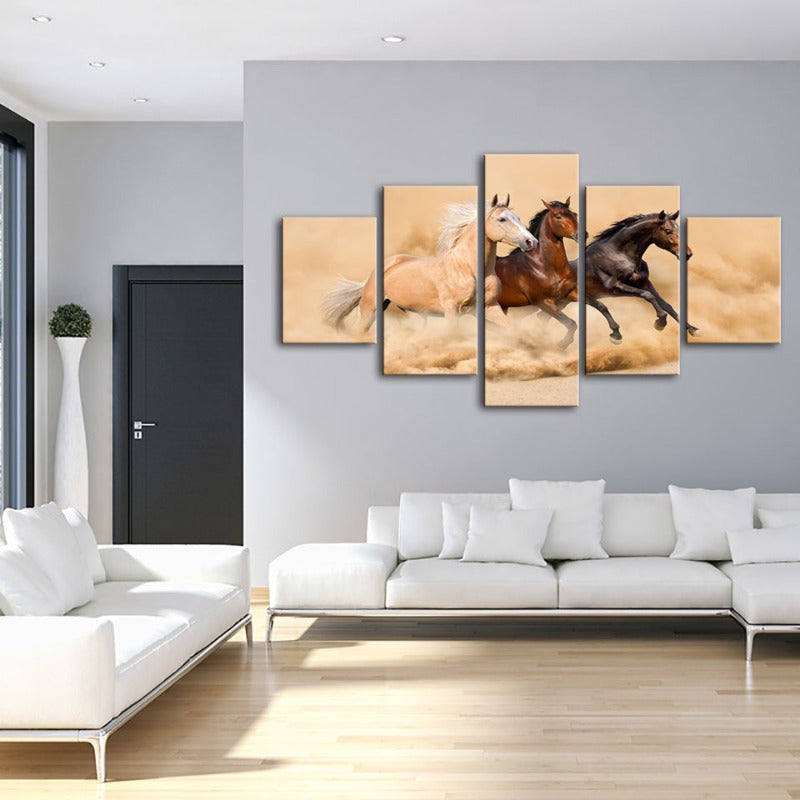 5 Stück Drei laufende Pferde in der Wüste - Leinwand Wandkunst Gemälde