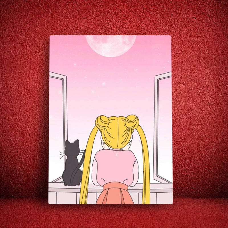 Mädchen Und Ihr Mond Katze - Leinwand Wandkunst Gemälde