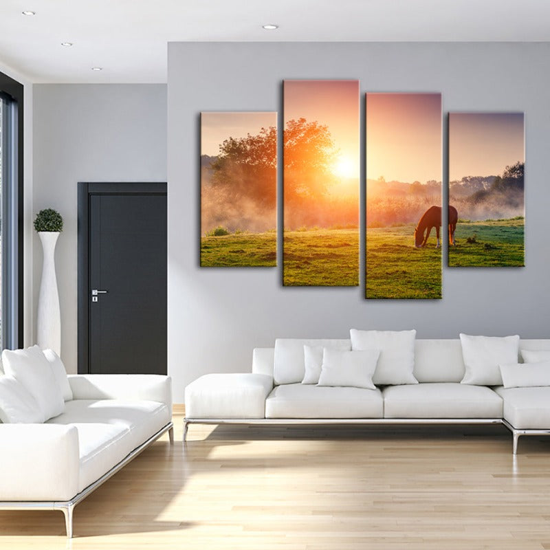 4-teilige Sonnenaufgang Weidepferd - Leinwand Wandkunst Malerei