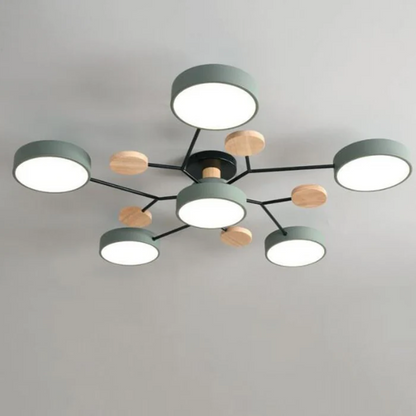 LED-Deckenleuchte rund – Eisen & Holz, 3 Lichtfarben, mehrere Lichtköpfe, 220 V, für 15–30 m², Wohn- & Schlafzimmer