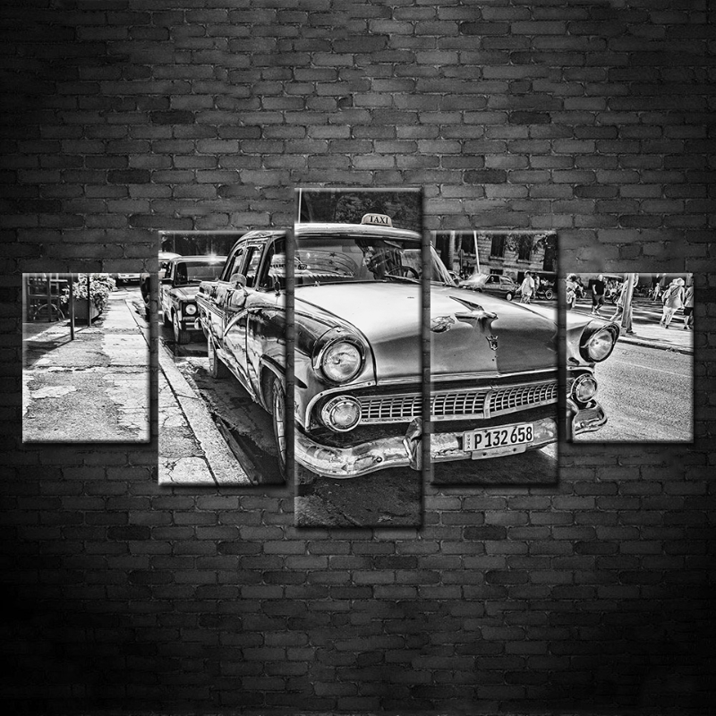 5-teiliges Schwarz-Weiß Vintage-Auto - Leinwand Wandkunst Gemälde
