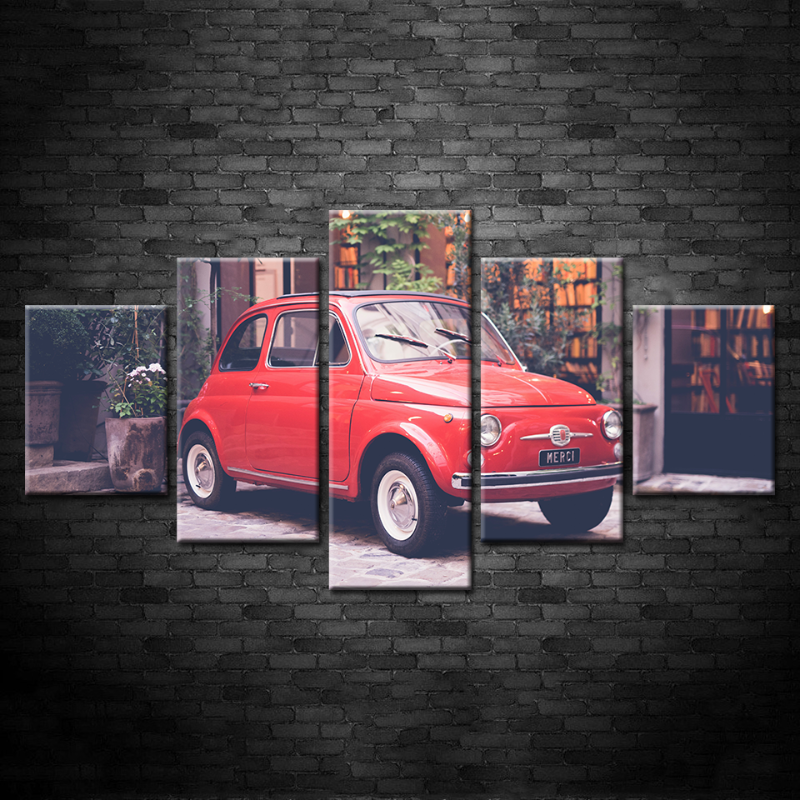 5 Stück Rote Mini Vintage Auto - Leinwand Wandkunst Malerei