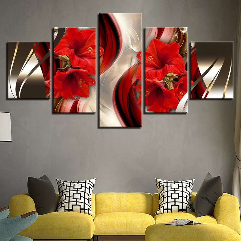 5 Stück Schwarzer Hintergrund Rote Hibiskusblume - Leinwand Wandkunst Gemälde